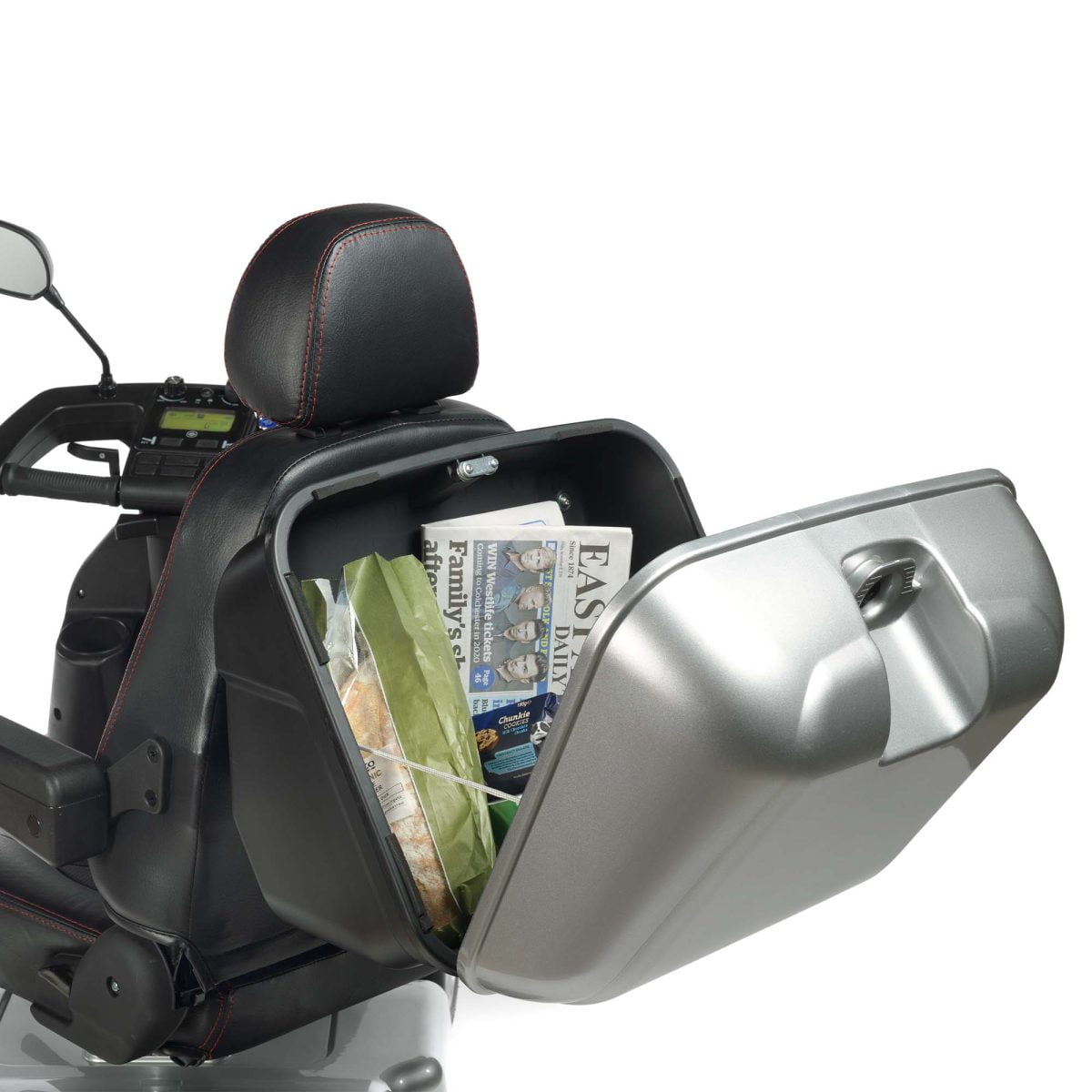 Lockable rear box for secure and weather resistant mobility scooter storage