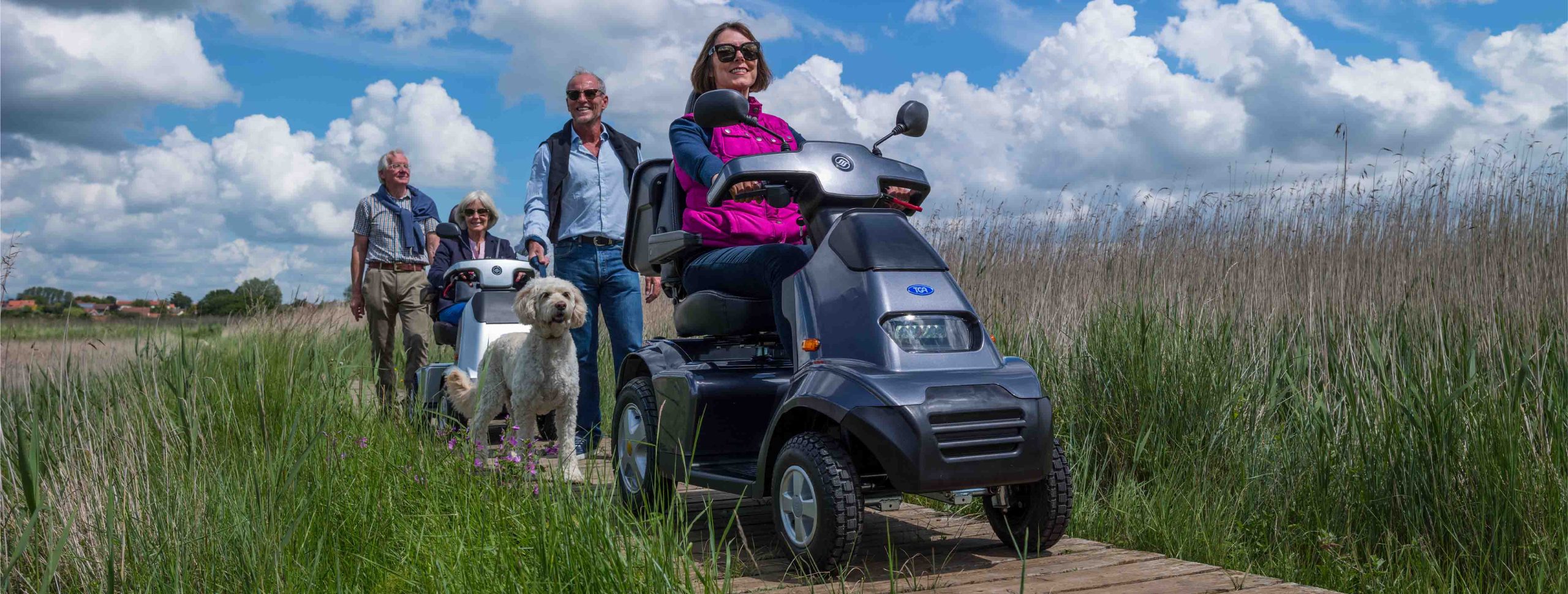 Two people on off road mobility scooters with a dog walker